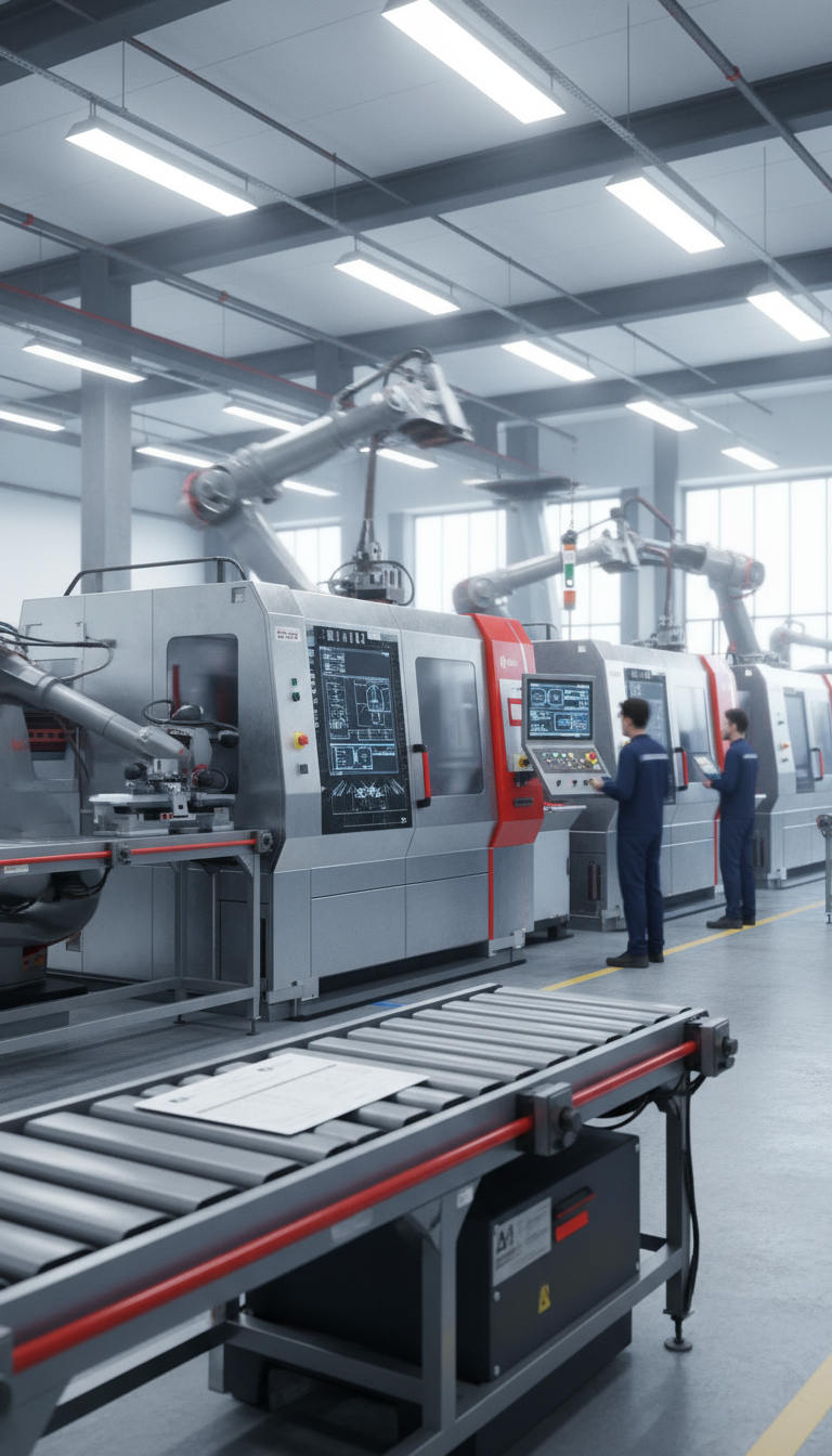 macchinari industriali moderni in ambiente produttivo, atmosfera professionale, colori acciaio e dettagli rossi